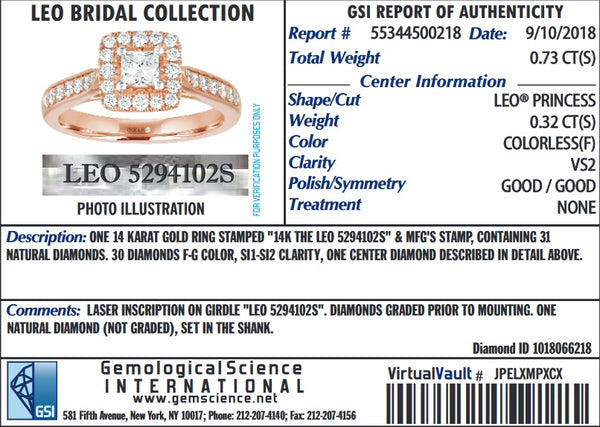 14k Rose Gold Leo Bridal Collection F VS2 Diamond Engagement Wedding Ring Set