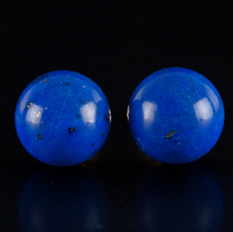 18k Yellow Gold Round Bead Lapis Lazuli Solitaire Stud Earrings 3.69g