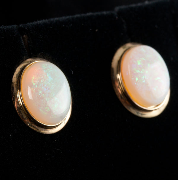 14k Yellow Gold Oval Cabochon AA Opal Solitaire Stud Earrings 2.30ctw 1.45g