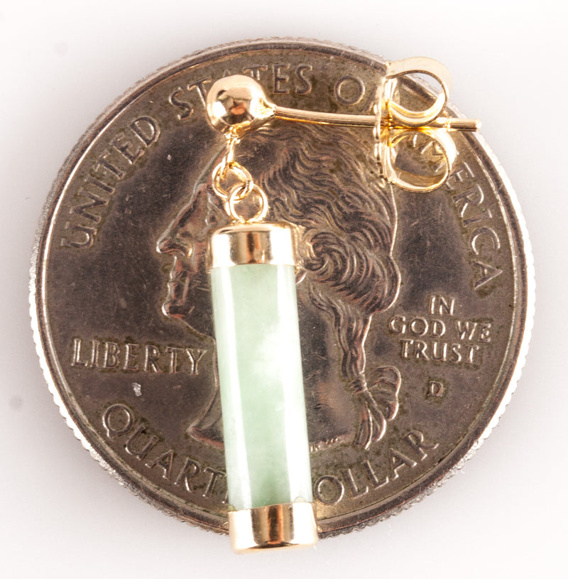 14k Yellow Gold Tube Nephrite Jade Dangle Earrings W/ Butterfly Backs 1.85g