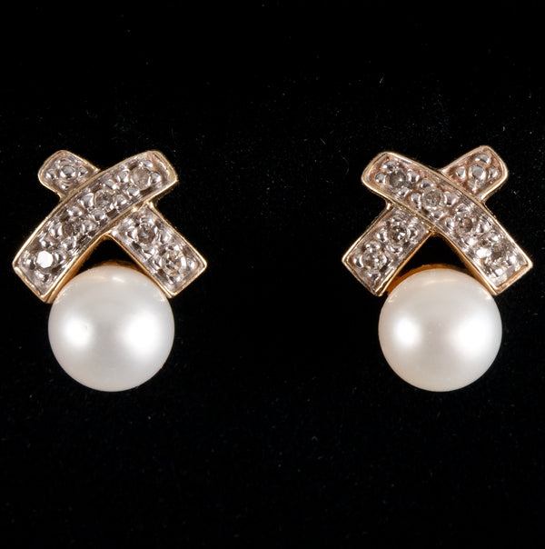 10k Yellow Gold Round Bead Pearl Diamond X Style Stud Earrings .06ctw 2.42g