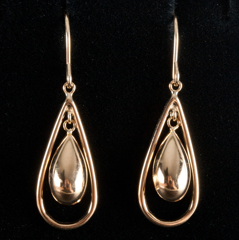 14k Yellow Gold Hollow Dangle Tear Drop Style Earrings W/ Hooks 1.25g