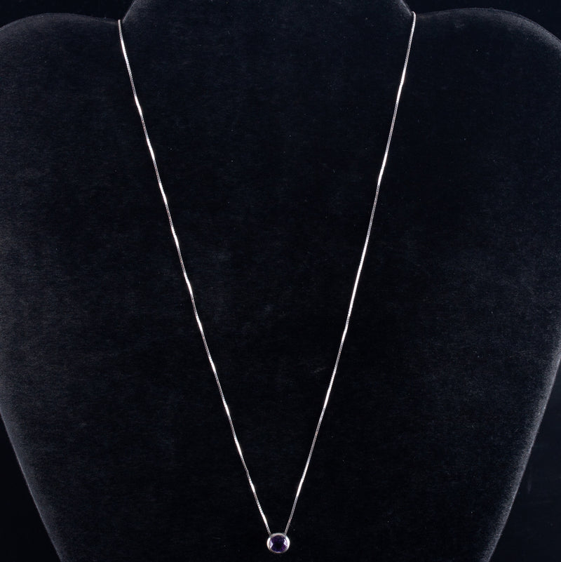 14k White Gold Round Amethyst Solitaire Necklace W/ 18" Chain .49ct 1.72g