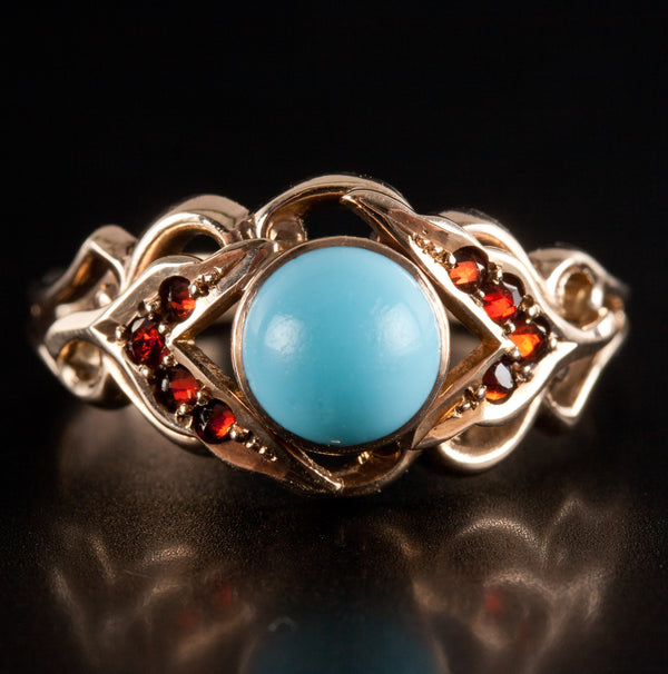 14k Yellow Gold Round Cabochon Turquoise Garnet Cocktail Ring .096ctw 2.5g