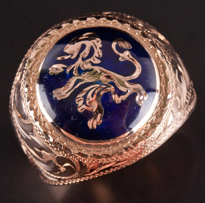 Vintage 1920's 14k Rose Gold Blue Enamel Lion Style Ring 6.6g