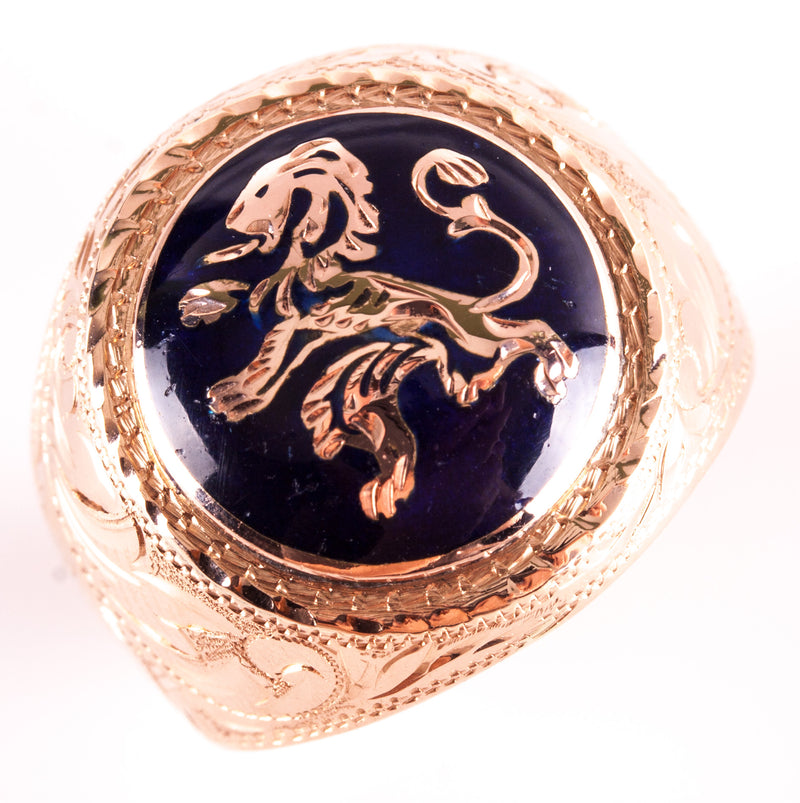 Vintage 1920's 14k Rose Gold Blue Enamel Lion Style Ring 6.6g