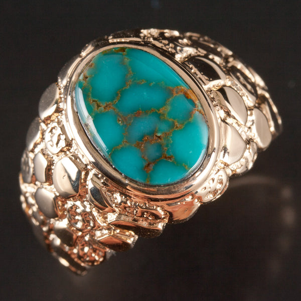 14k Yellow Gold Cabochon AA Royston Turquoise Solitaire Nugget Style Ring 11.4g