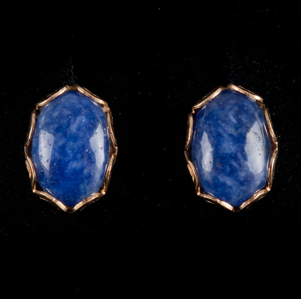 14k Yellow Gold Oval Cabochon Lapis Lazuli Solitaire Stud Earrings .50g