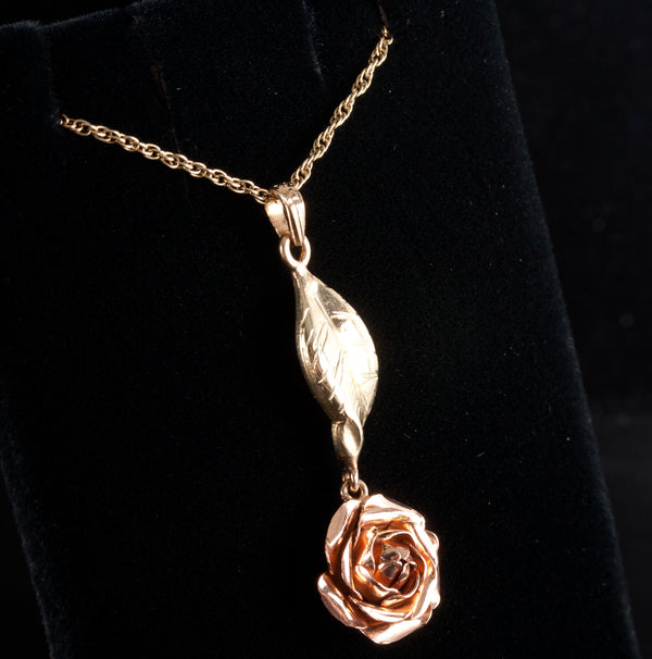 14k Black Hills Gold Rose Floral Leaf Necklace W/ 15" Chain 4.9g 39.1mm x 11.8mm