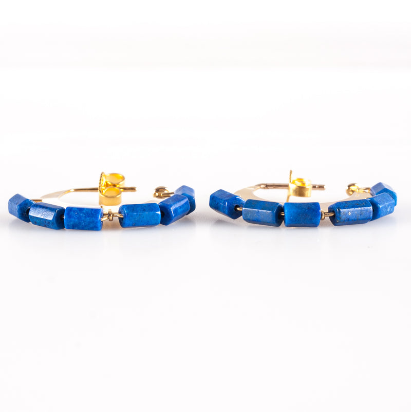 14k Yellow Gold Tube Bead Lapis Lazuli Dangle Hoop Style Earrings 4.45g