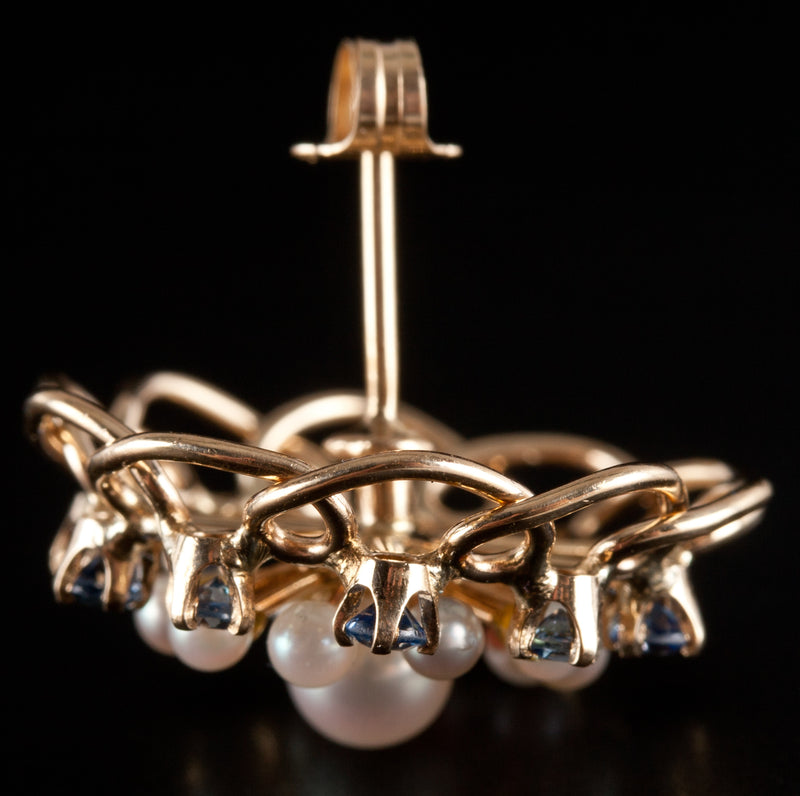 14k Yellow Gold Pearl Sapphire Circular Earrings W/ Butterfly Backs .60ctw 6.13g