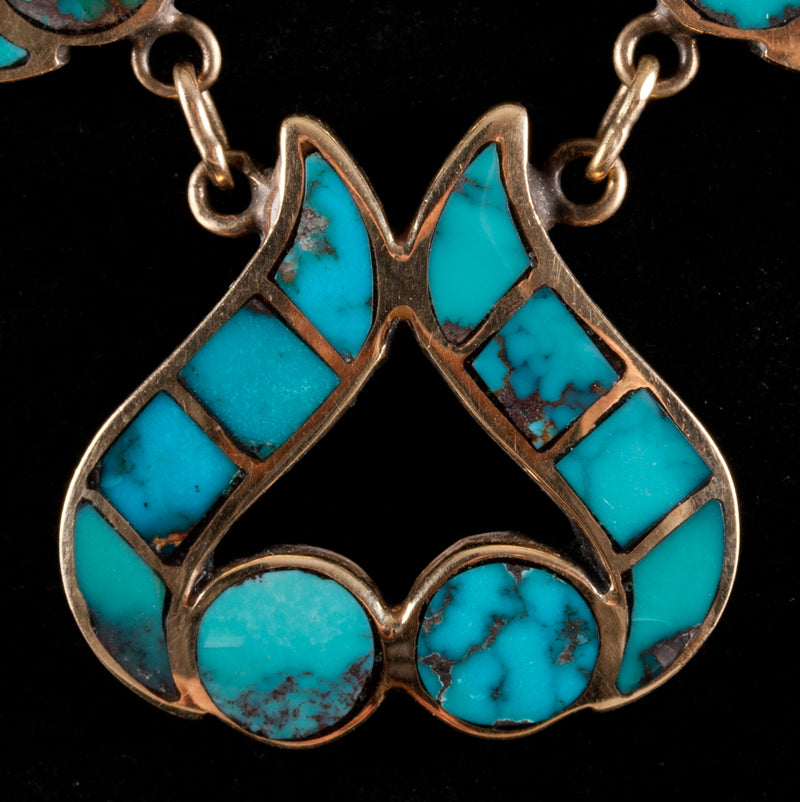 Vintage 1970's 14k Yellow Gold Morenci Blue Turquoise Zuni Necklace Earring Set