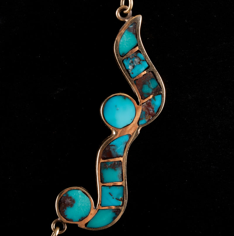 Vintage 1970's 14k Yellow Gold Morenci Blue Turquoise Zuni Necklace Earring Set
