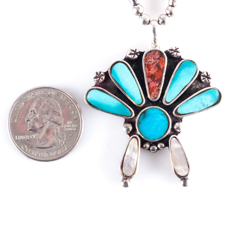 Vintage 1970s Sterling Silver Zuni Turquoise Mother of Pearl/Coral Naja Necklace