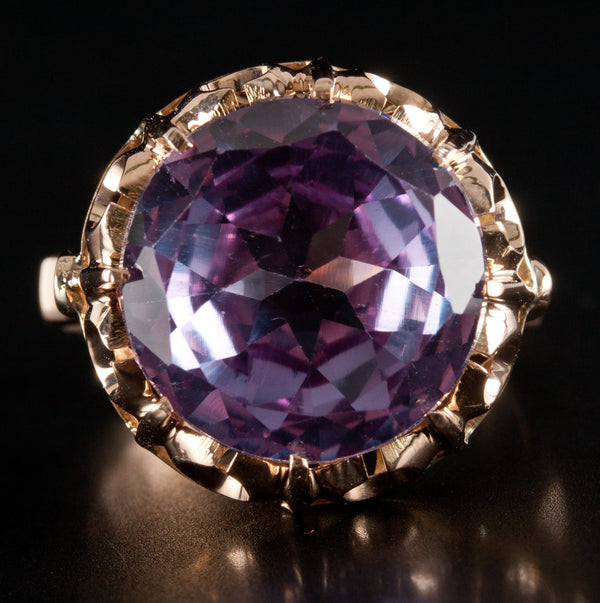 14k Yellow Gold Lab-Created Round Alexandrite Solitaire Style Ring 9.53ct 7.44g