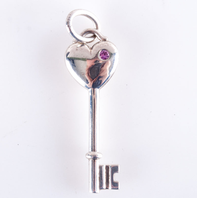 Tiffany & Co. Sterling Silver Pink Sapphire Heart Key Style Pendant .02ctw 2.2g