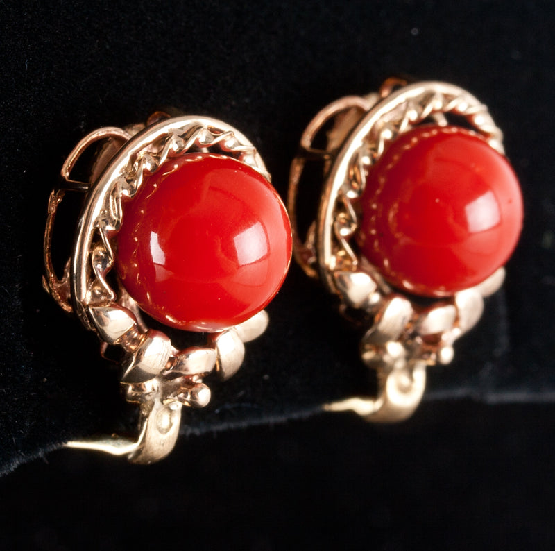Vintage 1960's 18k Yellow Gold Natural AAA Red Coral Necklace Earring Set 57.37g