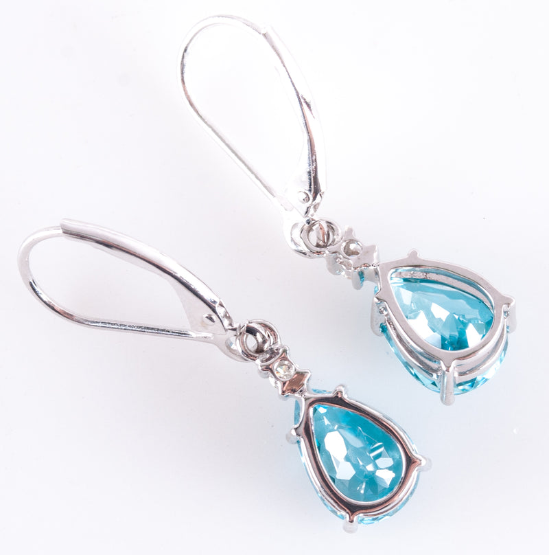 14k White Gold Pear Blue Zircon Diamond Dangle Earrings W/ Leverbacks 5.36ctw