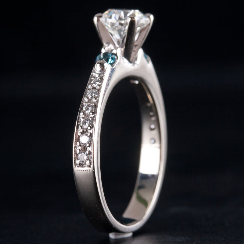 14k White Gold Round Diamond & Blue Diamond Engagement Ring 1.20ctw 4.18g