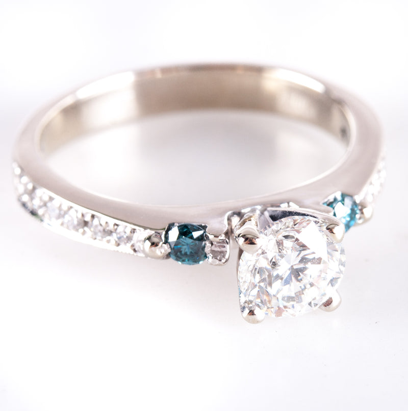 14k White Gold Round Diamond & Blue Diamond Engagement Ring 1.20ctw 4.18g