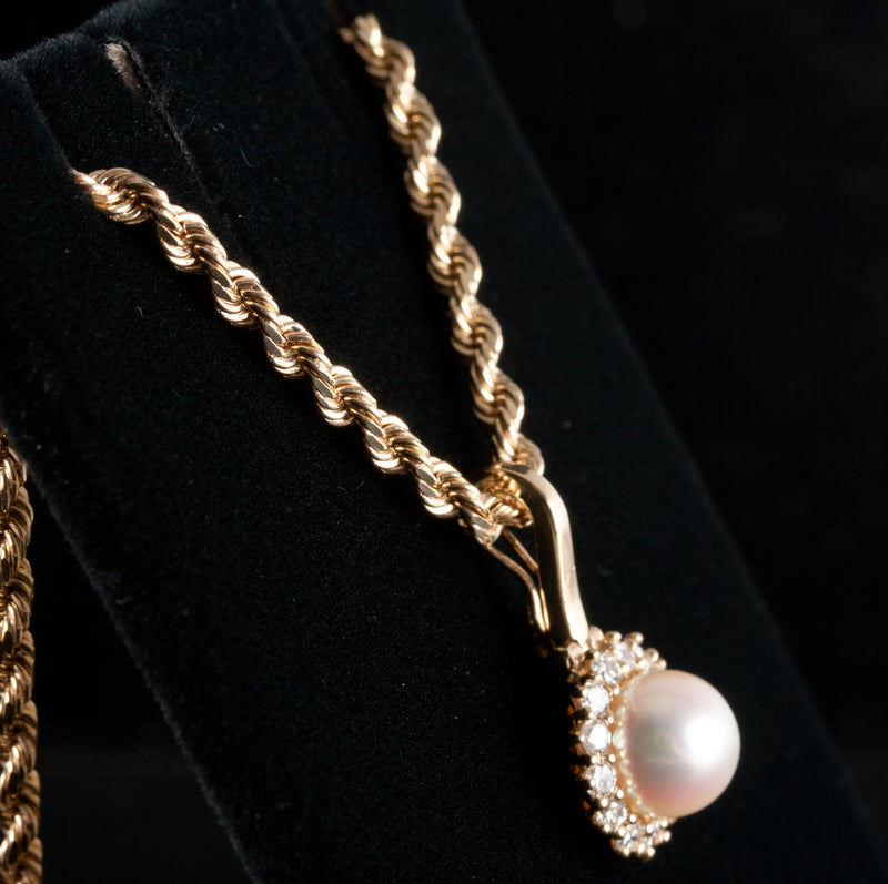 14k Yellow Gold Cultured Round Pearl Diamond Pendant W/ 20" Chain .45ctw 17.75g