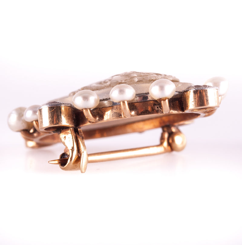 Vintage 1920's 14k Rose Gold Moonstone Diamond Pearl Brooch Pin .56ctw 4.5g