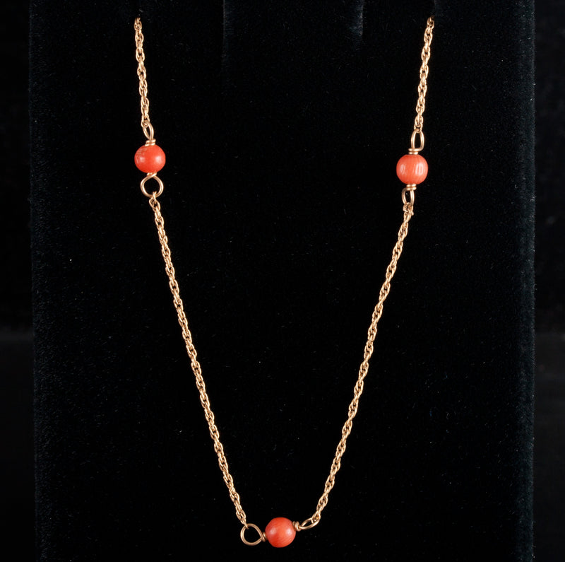 14k Yellow Gold Natural Orange Round Bead Coral Necklace 16" Length 1.55g