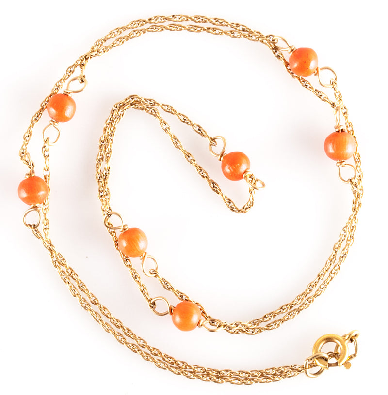 14k Yellow Gold Natural Orange Round Bead Coral Necklace 16" Length 1.55g