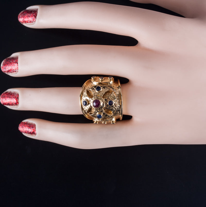 Ilias Lalaounis 18k Yellow Gold Ruby Sapphire Byzantine Cross Ring .94ctw 14.88g