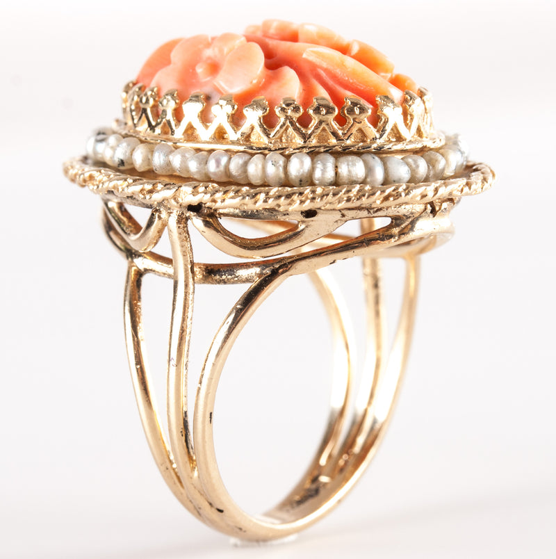Vintage 1960's 14k Yellow Gold Carved Orange Coral Pearl Floral Style Ring 8.95g