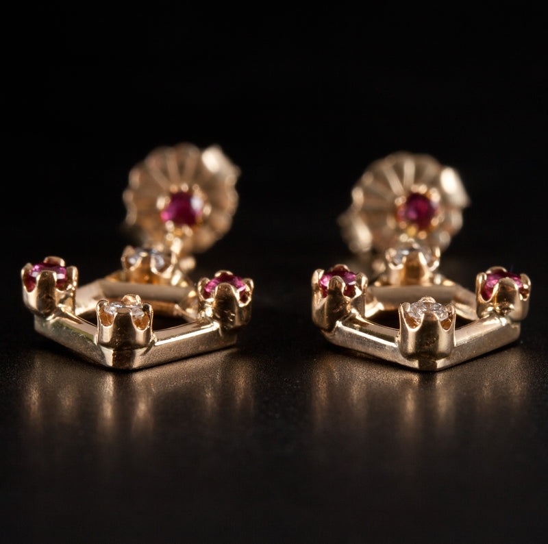 14k Yellow Gold Round Ruby Diamond Dangle Style Earrings .30ctw 3.65g