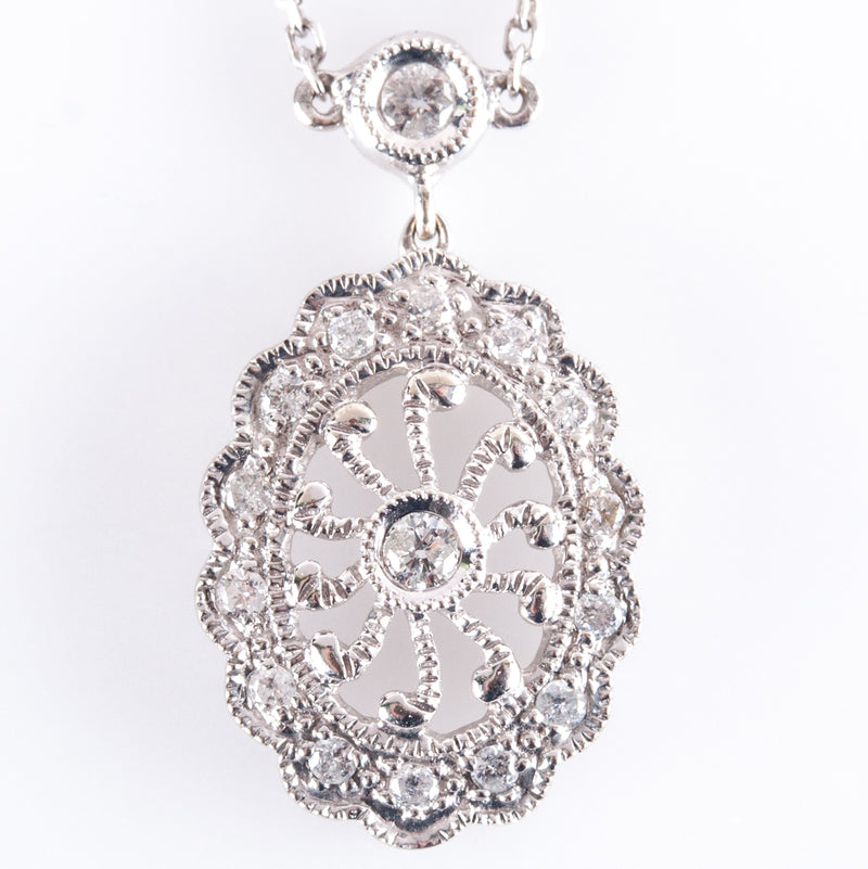 14k White Gold Round Diamond Vintage Inspired Necklace .15ctw 17" Chain 2.85g
