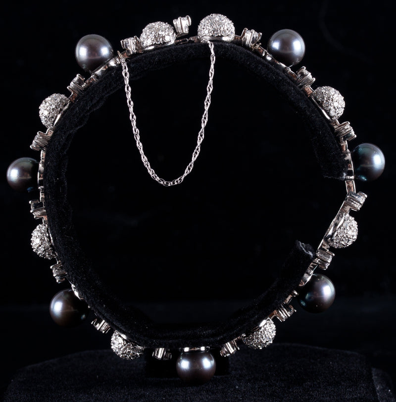 18k White Gold Cultured Pearl Diamond Cluster Style Bracelet 3.06ctw 18.8g