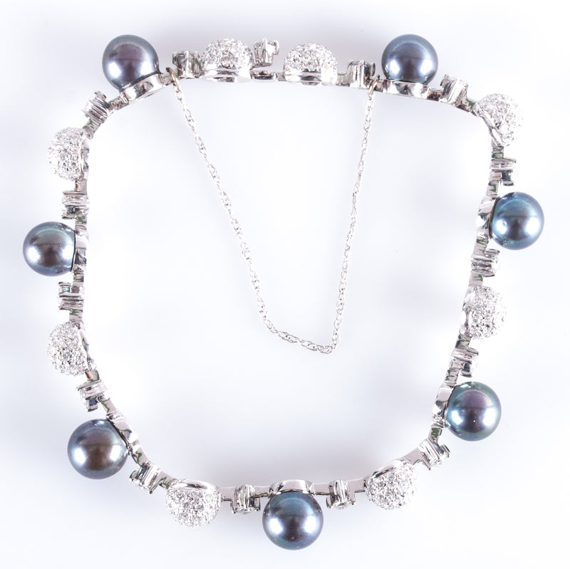 18k White Gold Cultured Pearl Diamond Cluster Style Bracelet 3.06ctw 18.8g