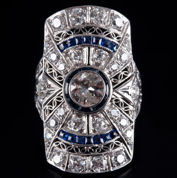 Vintage 1900's Platinum 18k White Gold Old Euro Diamond Sapphire Ring 2.39ctw
