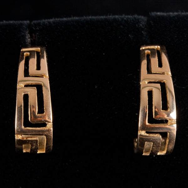 18k Yellow Gold Greek Key Style Half Hoop Huggie Earrings W/ Butterfly Backs