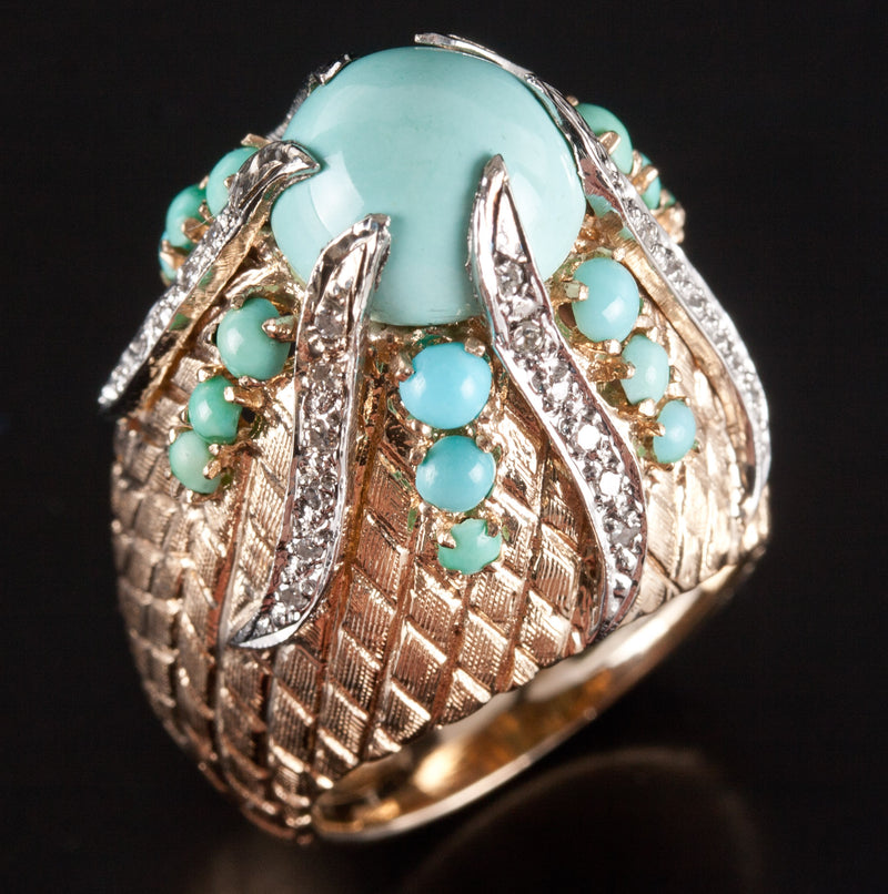 Vintage 1940's 18k Yellow White Gold Cabochon Turquoise Diamond Cocktail Ring