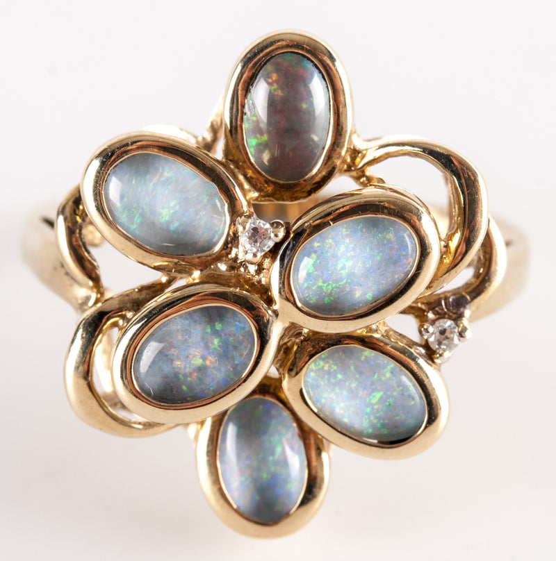 Vintage 1960's 14k Yellow Gold Oval Opal Diamond Cocktail Ring .01ctw 3.75g