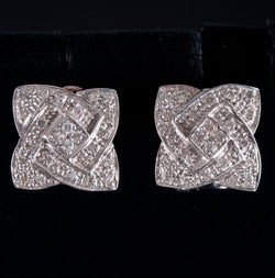 14k White Gold Round H SI3 Diamond Square Omega Cluster Earrings .14ctw 4.7g