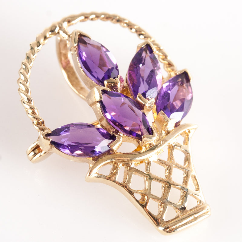 10k Yellow Gold Marquise Amethyst Flower Basket Brooch Pendant Combo .85ctw