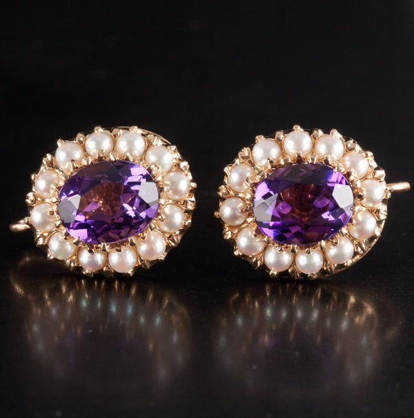 Vintage 1940's 14k Yellow Gold Oval Amethyst Pearl Halo Clip Earrings 4.6ctw