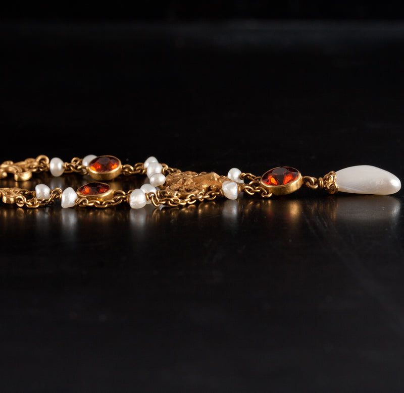 Vintage 1920's 14k Yellow Gold Mandarin Garnet Pearl Dangle Ram Necklace 2.55ct