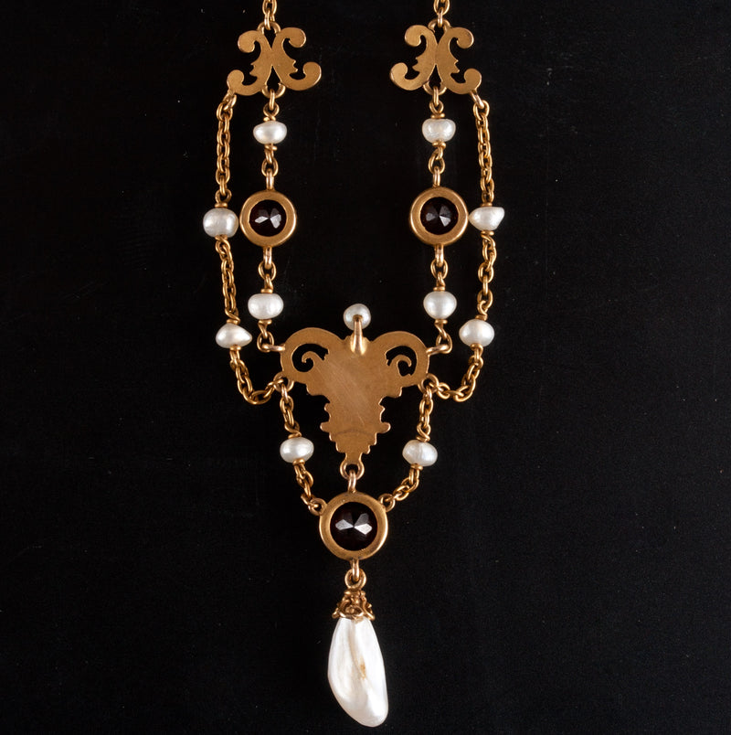 Vintage 1920's 14k Yellow Gold Mandarin Garnet Pearl Dangle Ram Necklace 2.55ct