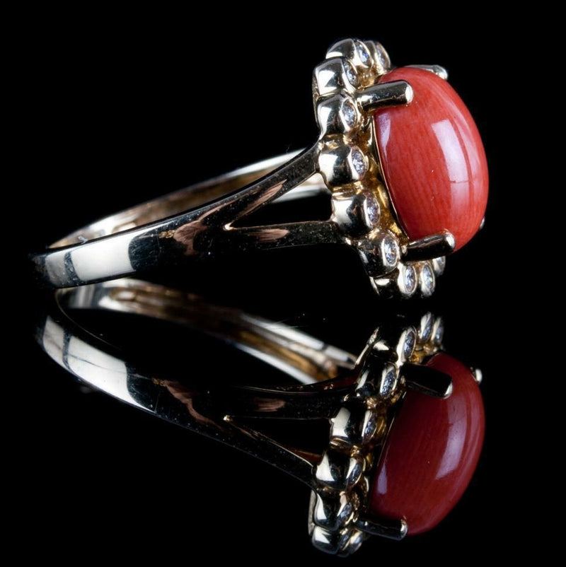 Vintage 1960s 14k Yellow Gold Cabochon Coral & Diamond Ring Earring Set 70.29ctw