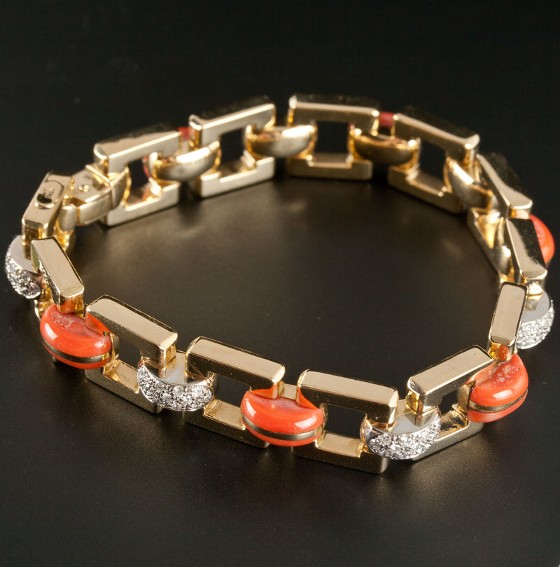 Vintage 1960s 18k Yellow Gold Coral & Diamond Italian Link Bracelet .78ctw 7.25"