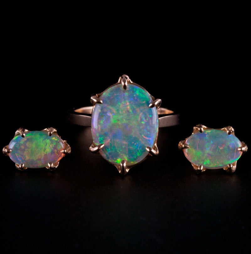 18k Yellow Gold Oval Cabochon Cut "AAA" Opal Solitaire Ring & Earring Set 5.3ctw
