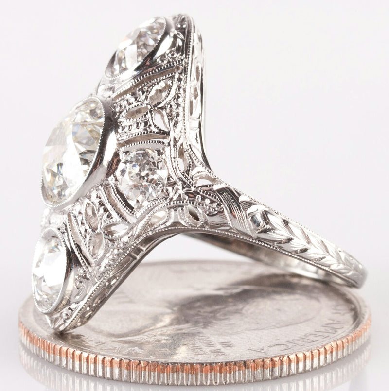 Vintage 1900's 18k White Gold Three-Stone Diamond Engagement Ring 2.83ctw