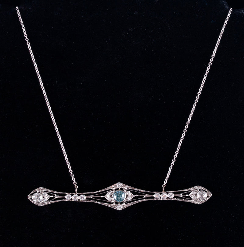 Vintage 1920's 14k White Gold Aquamarine & Diamond Necklace 1.14ctw 19.5" Chain