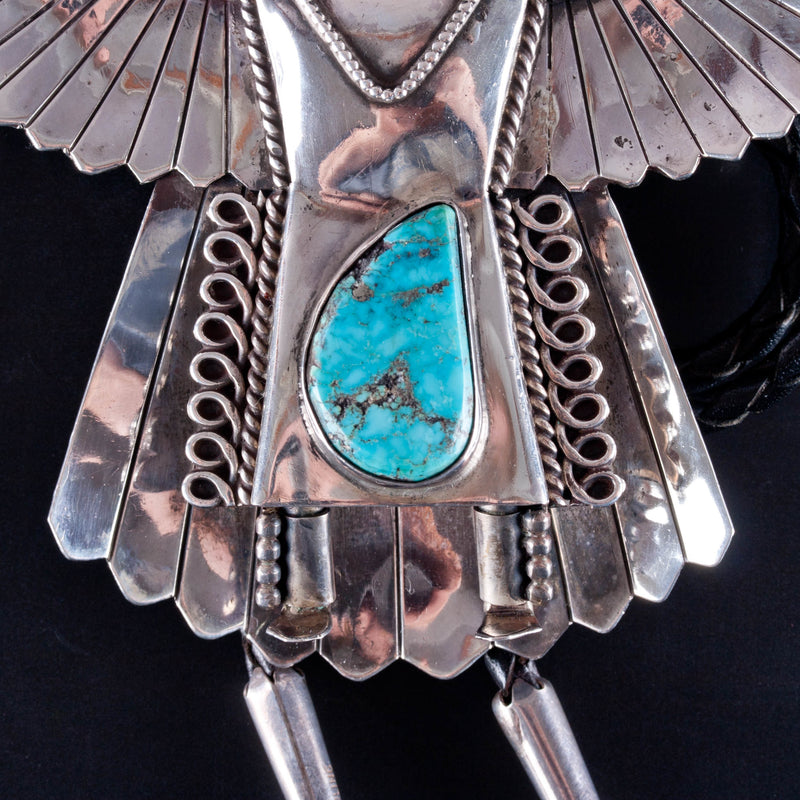 Vintage 1970's Sterling Silver Turquoise & Onyx Navajo Eagle Dancer Bolo Tie