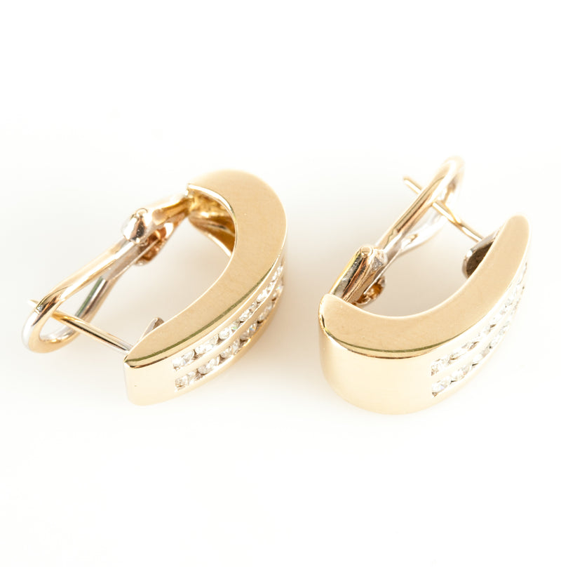 14k Yellow Gold Round Diamond Huggie Style Earrings W/ Omega Backs .72ctw